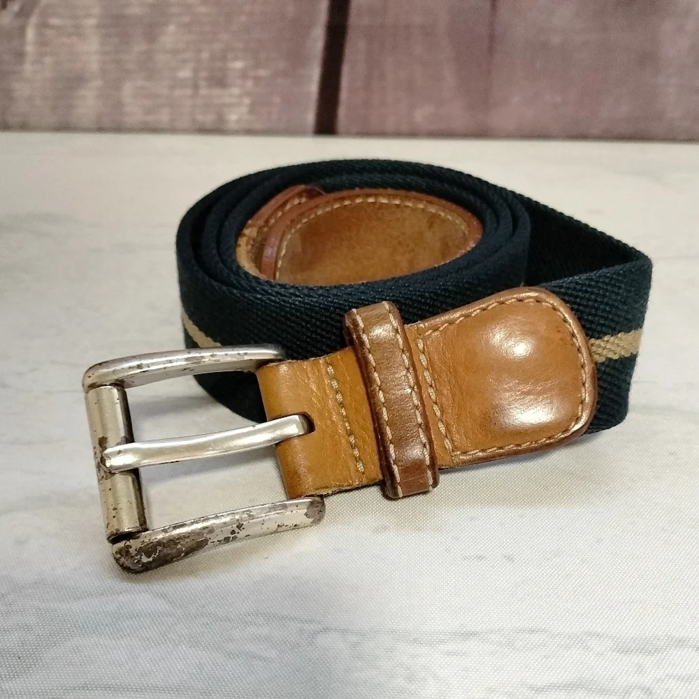 VINTAGE LL BEAN CANVAS LEATHER BELT ( MENS Sz 38) NAVY KHAKI STRIPED